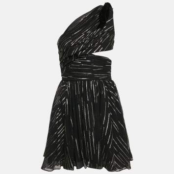 Pre Owned Saint Laurent Paris Black Lurex Silk Draped One-Shoulder Mini Dress M