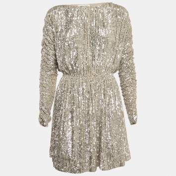 Pre Owned Saint Laurent Metallic Champagne Sequin Knit Dress S