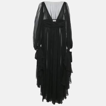 Pre Owned Saint Laurent Paris Black Sheer Silk Elongated Sleeve Wrap Maxi Dress M