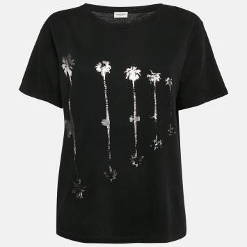 Pre Owned Saint Laurent Black Printed Cotton Crew Neck T-Shirt L