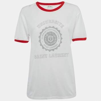 Pre Owned Saint Laurent White Universite Print Jersey T-Shirt S