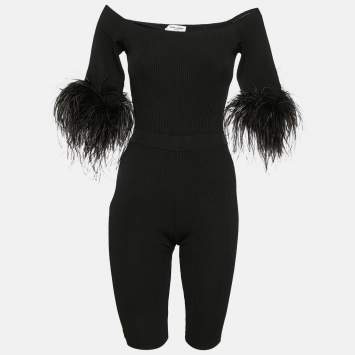 Pre Owned Saint Laurent Black Ostrich Feather Trim Rib Knit Jumpsuit XS