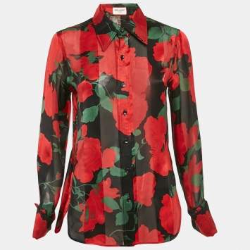 Pre Owned Saint Laurent Paris Black/Red Floral Print Semi-Sheer Silk Shirt S