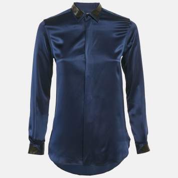 Saint Laurent Paris Blue Leather Trim Satin Silk Shirt S