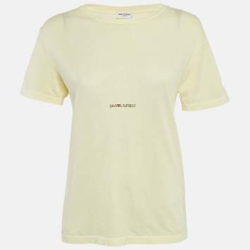 Pre Owned Saint Laurent Paris Yellow Logo Print Jersey Crewneck T-Shirt S