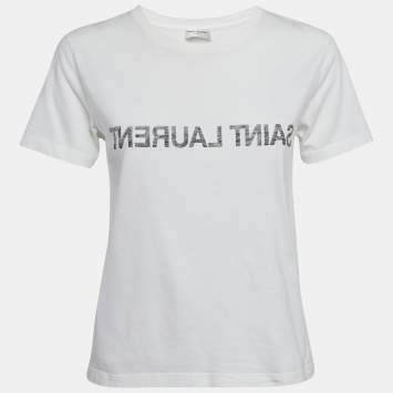 Saint Laurent Off-White Logo Print Cotton Crew Neck T-Shirt XS