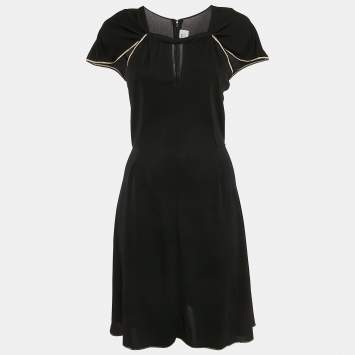 Saint Laurent Paris Black Crepe Lurex Trim Detail Short Dress M