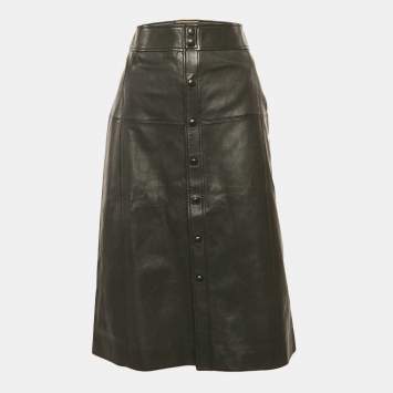 Saint Laurent Paris Black Leather Button Front Knee Length Skirt S