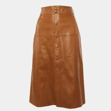 Pre Owned Saint Laurent Paris Light Brown Leather Button Front Knee Length Skirt S