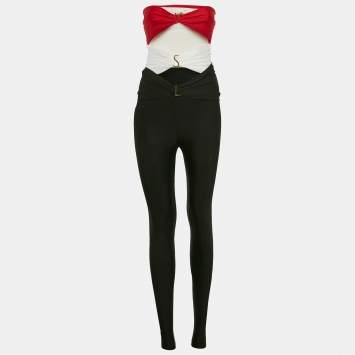 Pre Owned Saint Laurent Black/Red Jersey Cut-Out Strapless Jumpsuit One Size 