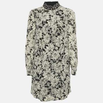 Saint Laurent Paris Black/Cream Floral Print Crepe Pleated Mini Dress S