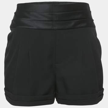 Saint Laurent Black Wool and Satin Trim Pleated Shorts S