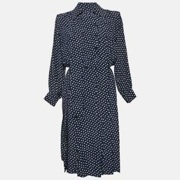 Saint Laurent Rive Gauche Navy Blue Polka Dot Silk Midi Dress M