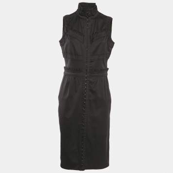 Saint Laurent Black Cotton High Neck Midi Dress L