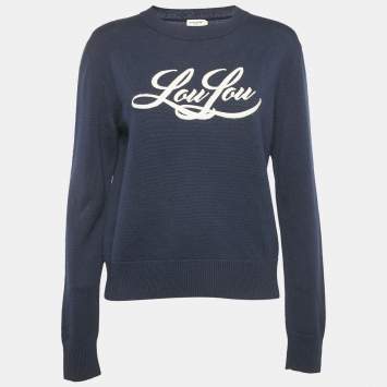 Saint Laurent Blue Embroidered Rib Knit Crewneck Sweater S