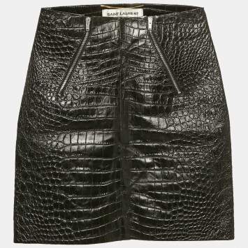 Saint Laurent Paris Black Croc Patterned Leather Mini Skirt S