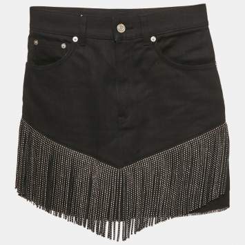 Saint Laurent Black Studded Leather Fringe Trim Denim Skirt S Waist 27"