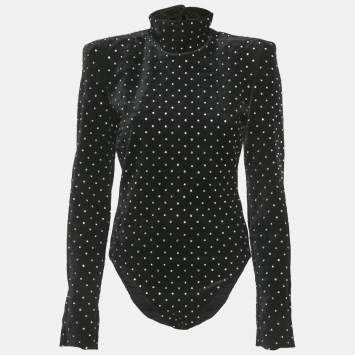 Pre Owned Saint Laurent Paris Black Crystal Embellished Velvet Turtleneck Bodysuit M  