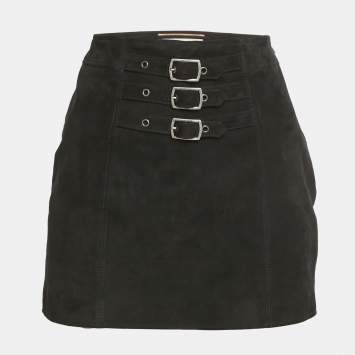 Pre Owned Saint Laurent Paris Black Suede Buckle Detail Mini Skirt S 