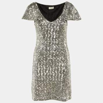 Pre Owned Saint Laurent Paris Silver Sequined Knee Length Dress S