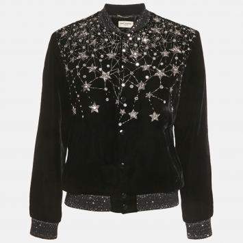 مملوكة مسبقًا Saint Laurent Paris Black Embellished Velvet Bomber Jacket S