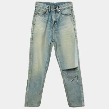 Pre Owned بنطلون جينز سان لوران باريس دنيم أزرق ممزق ضيق مقاس صغير/ خصر 24 بوصة