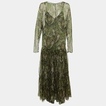 مملوكة مسبقًا Saint Laurent Paris Green Paisley Print Silk Sheer Maxi Dress M