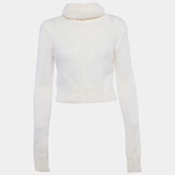 مملوكة مسبقًا سويتر سان لوران باريس قصير برقبة عالية من الموهير بلون العاج مقاس كبير - لارج