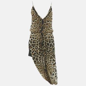 مملوكة مسبقًا Saint Laurent Paris Black /Brown Animal Print Silk Midi Dress M