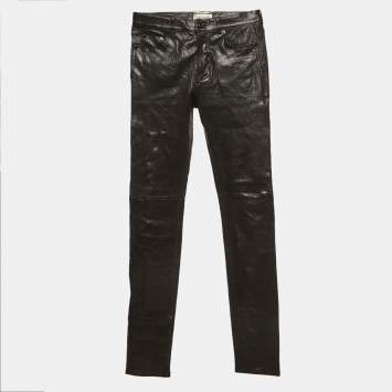 Pre Owned Saint Laurent Black Leather Mid Rise Pants M