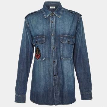 Pre Owned Saint Laurent Paris Blue Denim Patch Detail Shirt L