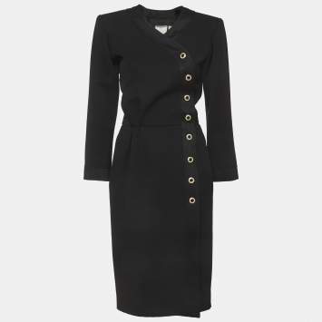 Pre Owned Saint Laurent Paris Vintage Black Tweed Wrap Midi Dress L