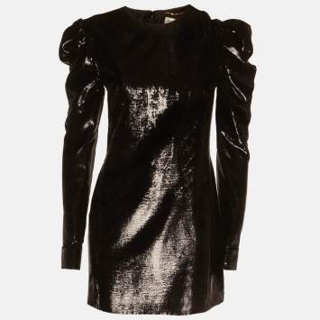 Pre Owned Saint Laurent Paris Black Lamé Velvet Puff Sleeve Mini Dress S