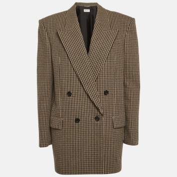 Pre Owned جاكيت سان لوران باريس بني هوندزتوث مزدوج الصدر مقاس متوسط