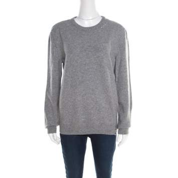Pre Owned Saint Laurent Paris Grey Distressed Wool and Cashmere Crew Neck Sweater L