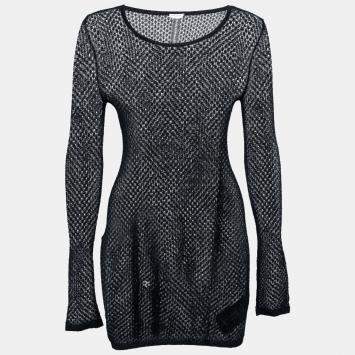 Saint Laurent Paris Black Perforated Knit Mesh Long Sleeve Dress S