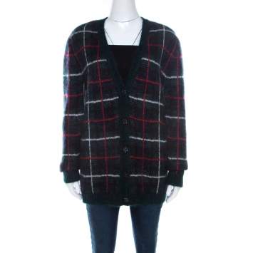 Pre Owned Saint Laurent Paris Dark Green Plaid Mohair Oversized Cardigan XS 