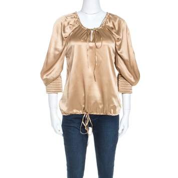Pre Owned Yves Saint Laurent Beige Satin Drawstring Detail Blouse S