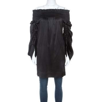 Pre Owned Saint Laurent Paris Black Satin Smocked Off Shoulder Top M