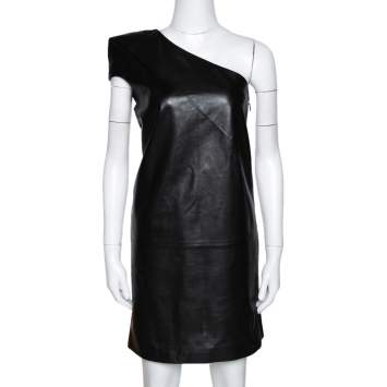 Pre Owned Saint Laurent Paris Black Leather One Shoulder Dress M