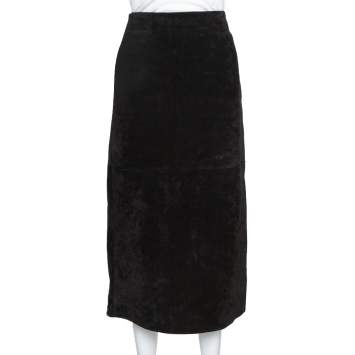 Pre Owned Saint Laurent Paris Black Suede Fitted Midi Skirt S