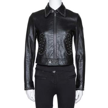 Pre Owned Saint Laurent Paris Black Studded Leather Biker Jacket S