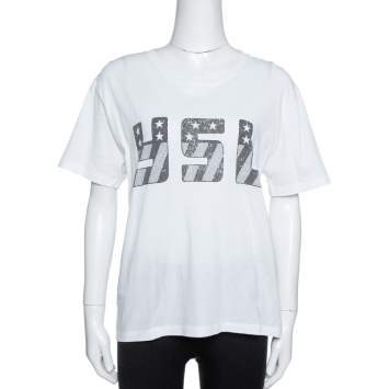 Pre Owned Saint Laurent Paris White YSL Print Cotton Crew Neck T-Shirt M