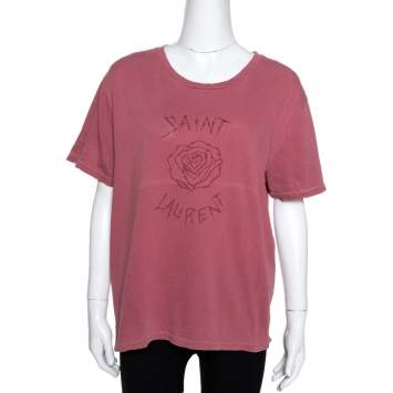 Pre Owned Saint Laurent Paris Pink Washed Cotton Logo Print Distressed T-Shirt L
