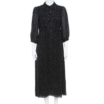 Pre Owned Saint Laurent Paris Black/White Silk Lavalliere Neck Dress M
