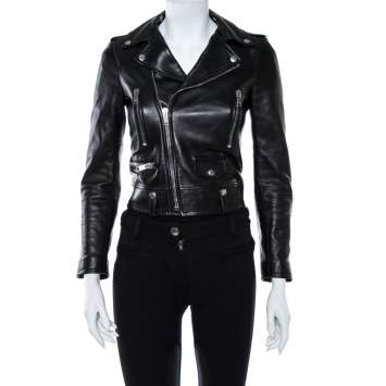 Pre Owned Saint Laurent Paris Black Leather Cropped Biker Jacket S