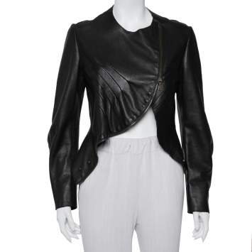 Pre Owned Saint Laurent Paris Dark Brown Leather Asymmetric Hem Cropped Jacket M