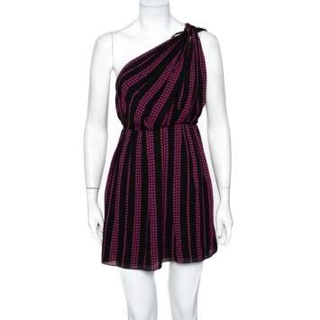Pre Owned Saint Laurent Paris Black Star Printed Chiffon One Shoulder Mini Dress M