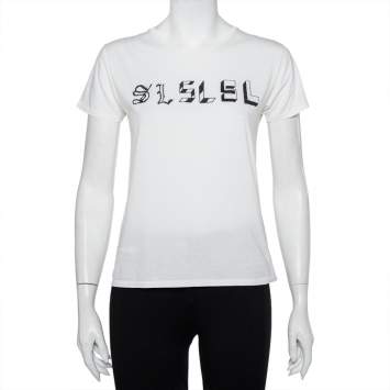 Pre Owned Saint Laurent Paris White Cotton Logo Printed T-Shirt S