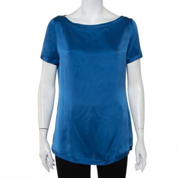 Pre Owned Yves Saint Laurent Blue Silk Satin Boat Neck Top M